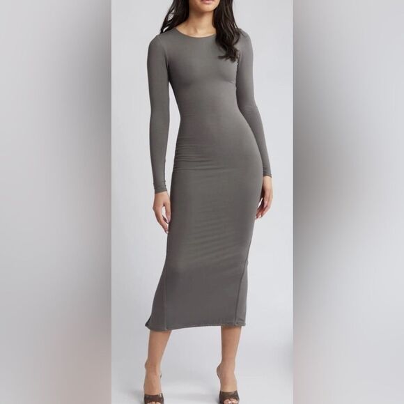 NAKED WARDROBE Extra Butter Long Sleeve Midi Dress Large Gray Bodycon Fall 90s - Picture 1 of 12